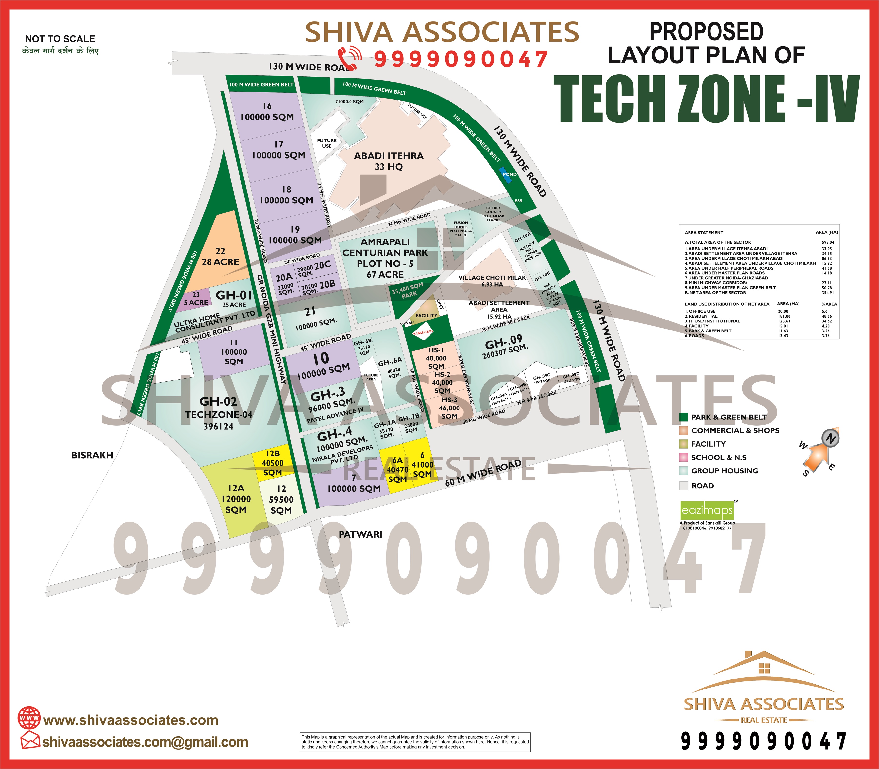 Layout plan of Tech Zone-IV, Greater Noida by Shiva Associates, showcasing industrial zones, wide roads, and connectivity to Yamuna Expressway.