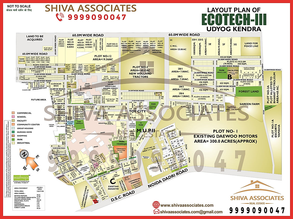 HD Map of Ecotech-III Udyog Kender, Greater Noida, showing industrial zones, key roads, and essential amenities.