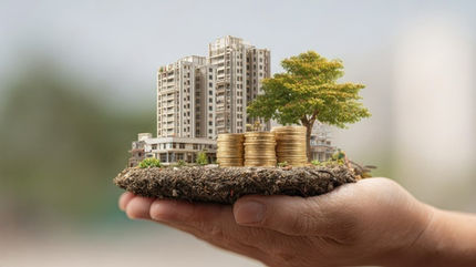Hand holding a miniature real estate development with residential buildings, stacked coins, and a tree symbolizing property value growth and long-term investment.