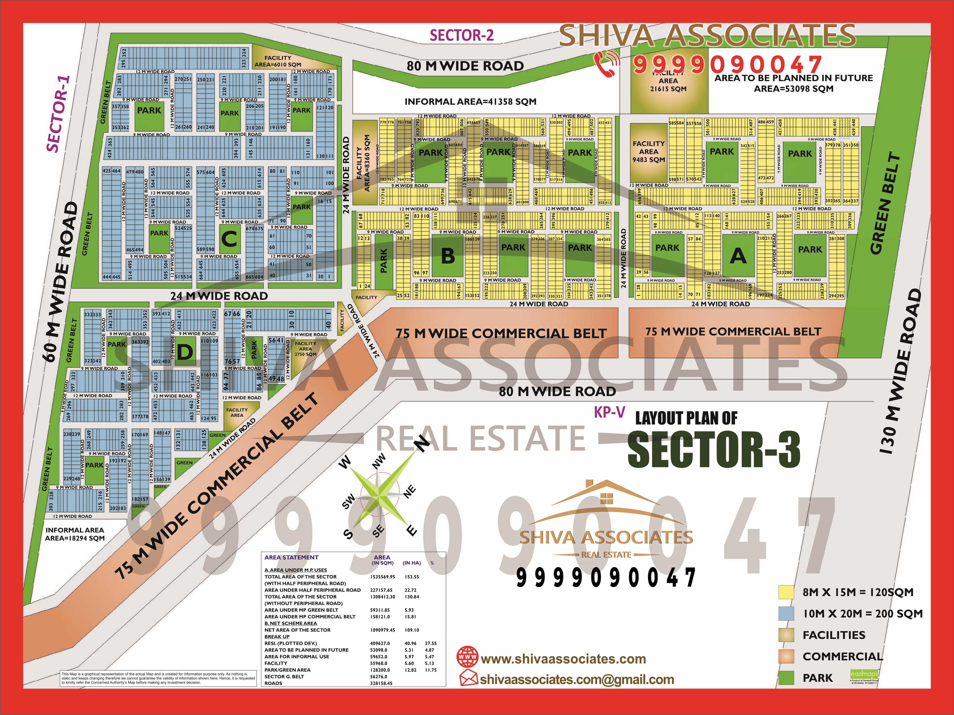 HD layout plan of Sector-3, Greater Noida, showcasing residential plots, amenities, and connectivity, presented by Shiva Associates.