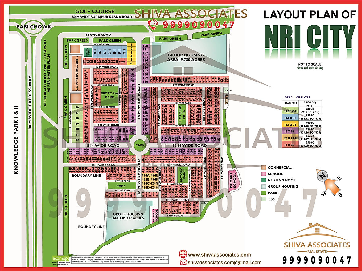 Layout map of NRI City, Omega II, Greater Noida, highlighting major amenities and excellent connectivity.