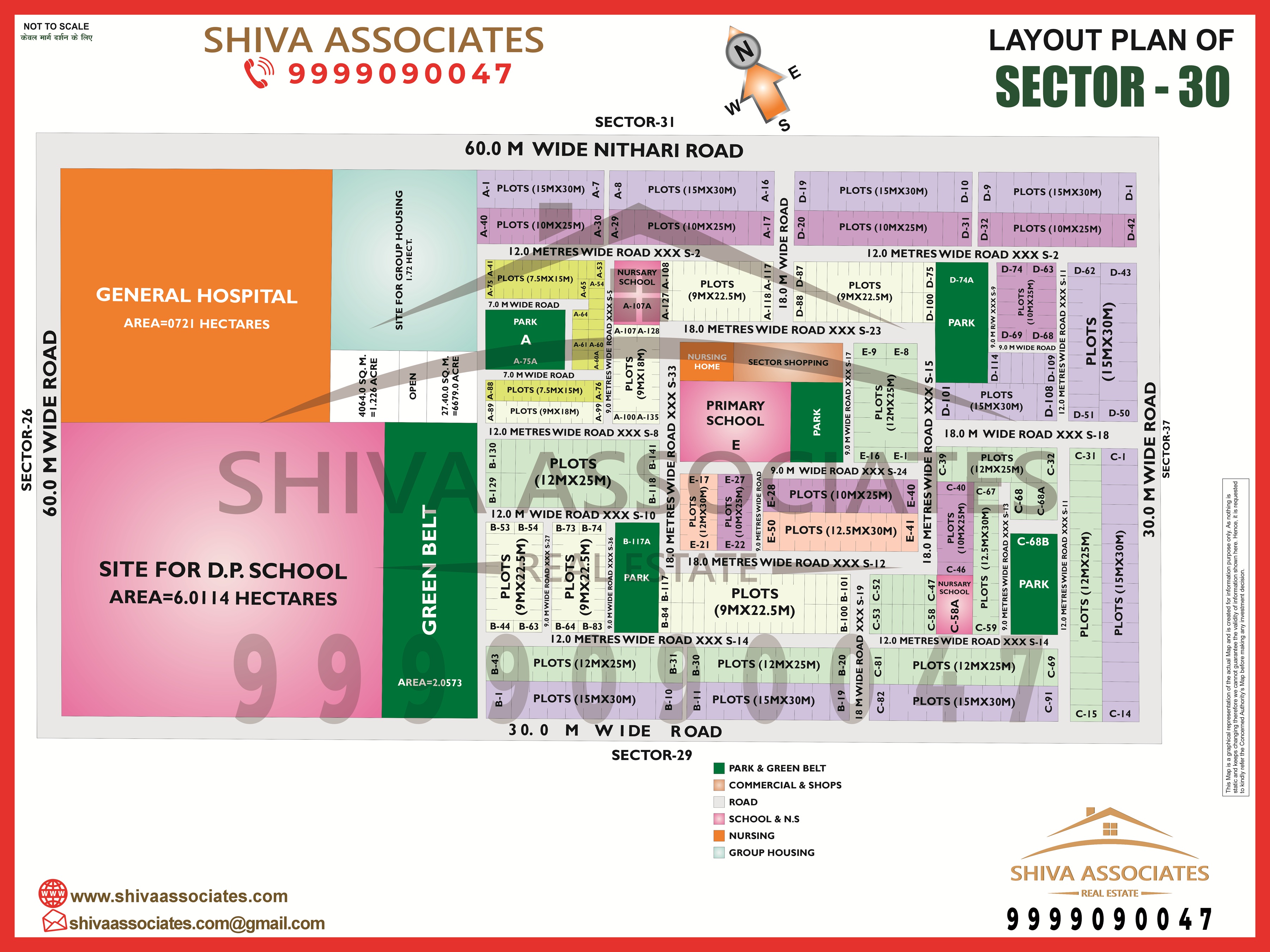 Detailed layout map of Sector 30, Noida from Shiva Associates, showing prominent landmarks like DPS Noida, key hospitals, and metro connectivity for a complete property guide.