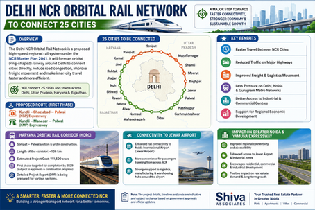Infographic showing the proposed Delhi NCR Orbital Rail Network connecting 25 cities across Delhi, Uttar Pradesh, Haryana, and Rajasthan, highlighting the route, key benefits, Jewar Airport connectivity, and Greater Noida infrastructure growth.