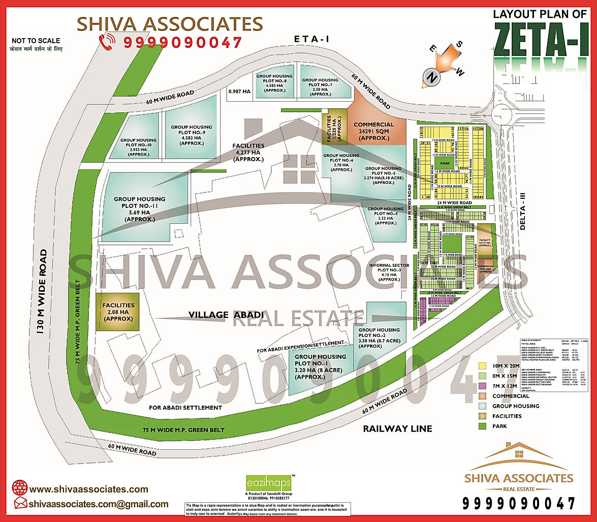 HD map of Zeta-I, Greater Noida layout, featuring roads, plots, and nearby amenities, by Shiva Associates.