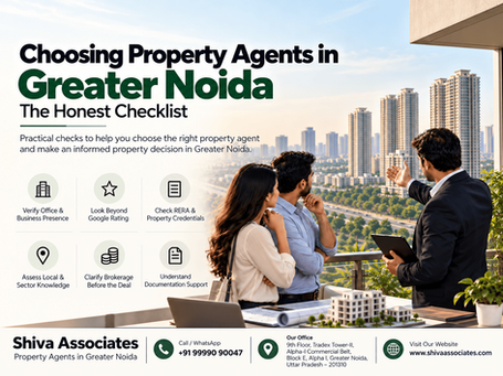 Greater Noida property consultation scene with an agent, couple, city skyline, and six-point property agent checklist