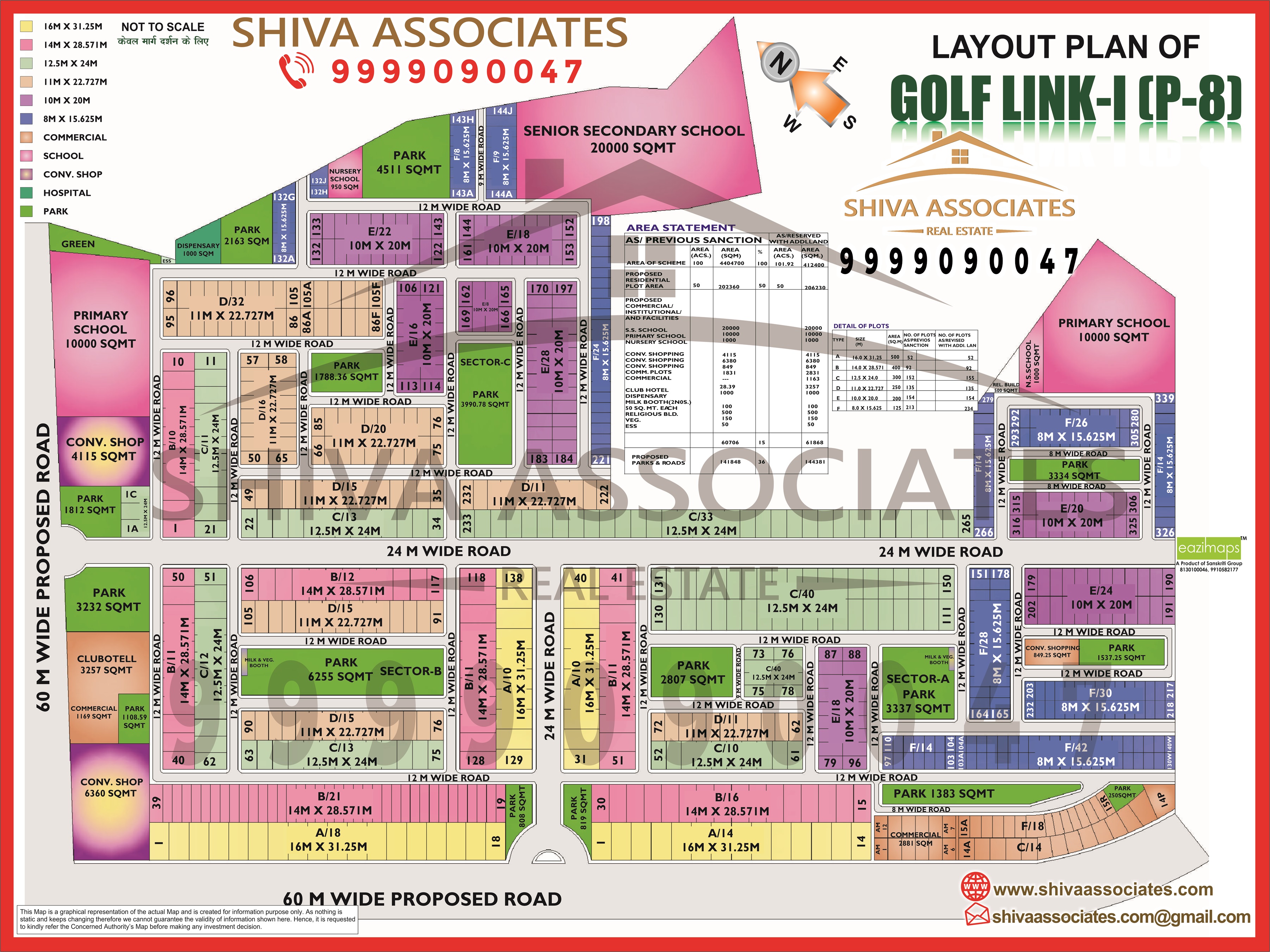 Golf Link-I (P-8) Greater Noida HD Map by Shiva Associates showing residential projects like Godrej Golf Links and nearby amenities such as malls, schools, and hospitals.