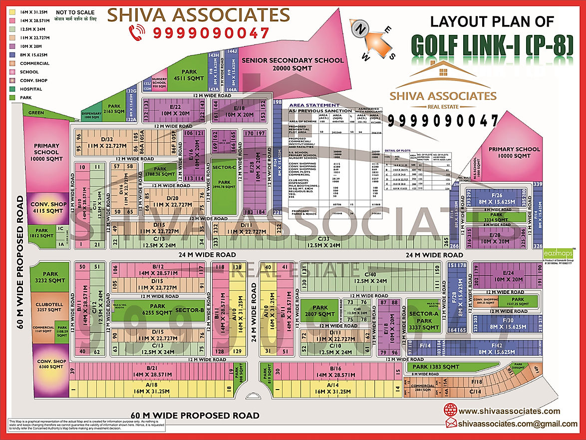 Golf Link-I (P-8) Greater Noida HD Map by Shiva Associates showing residential projects like Godrej Golf Links and nearby amenities such as malls, schools, and hospitals.