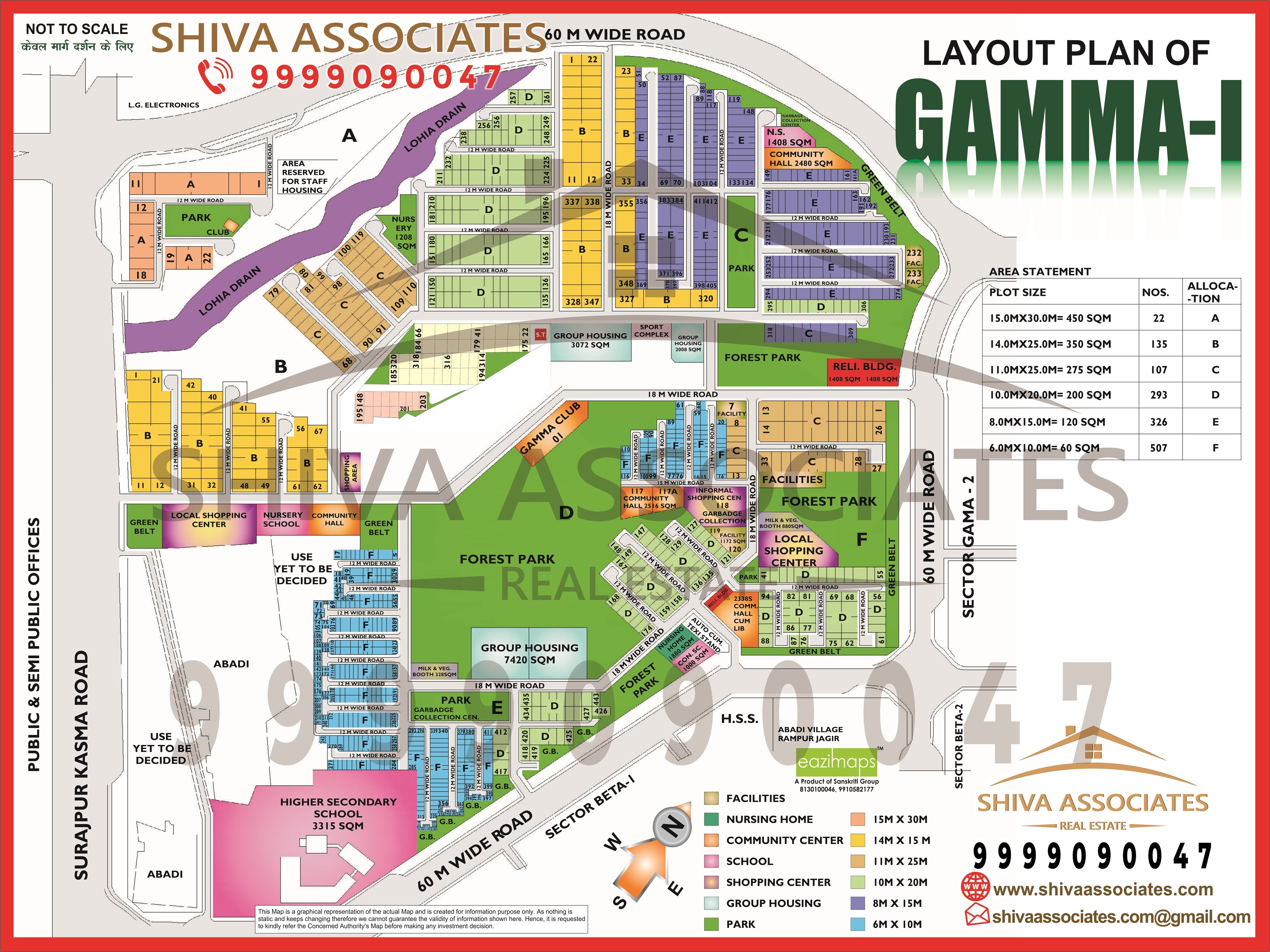 Gamma-I Greater Noida HD Layout Plan by Shiva Associates, showcasing residential plots, parks, roadways, and key amenities.