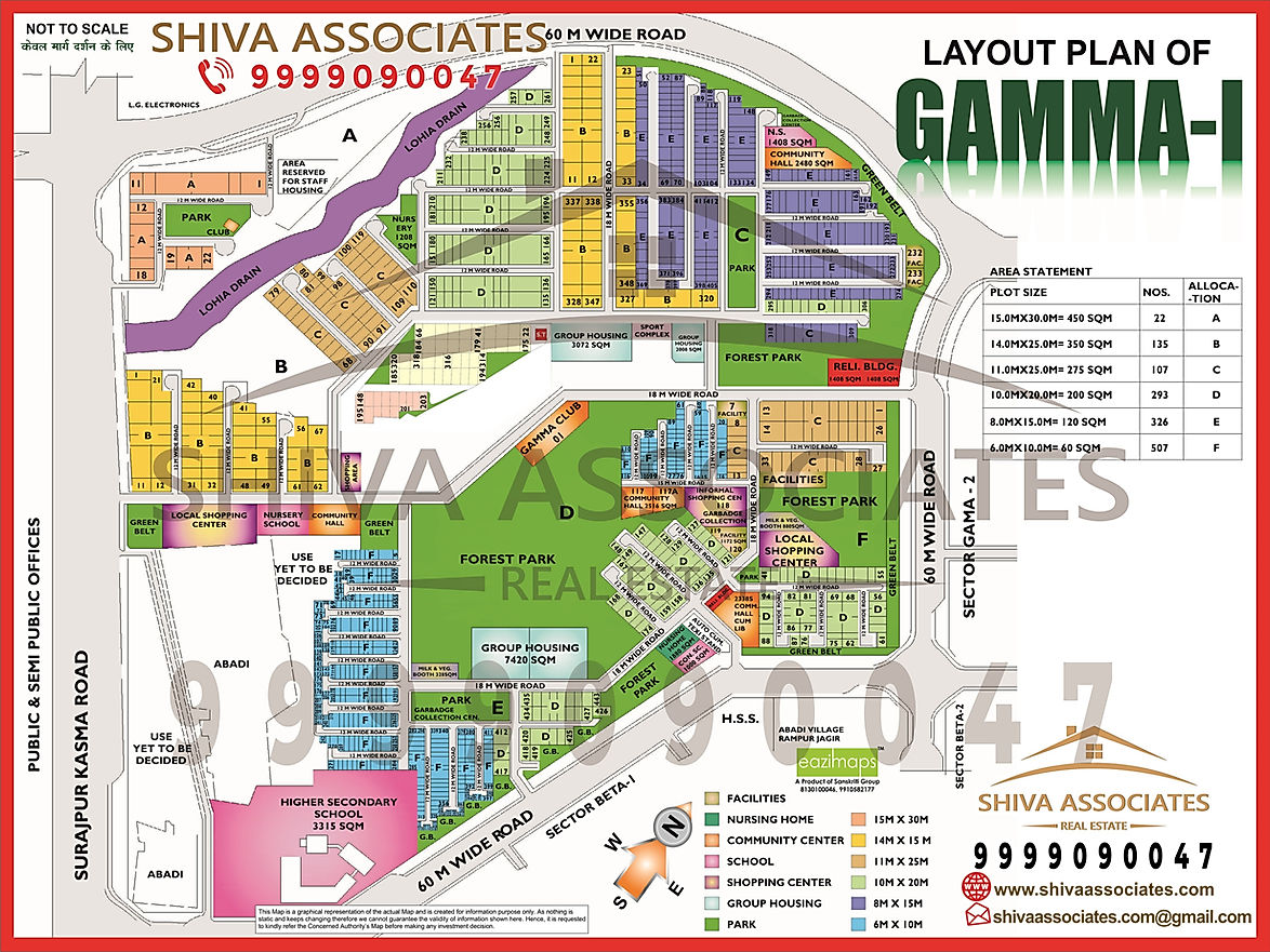 Gamma-I Greater Noida HD Layout Plan by Shiva Associates, showcasing residential plots, parks, roadways, and key amenities.