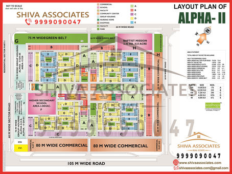 Layout map of Alpha 2, Greater Noida showing sector planning, road network, parks, and plot divisions in HD format.