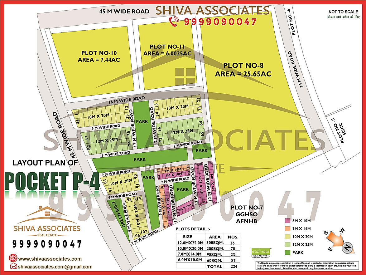 HD layout map of Pocket P-4, Greater Noida, showing housing blocks, roads, green spaces, and nearby amenities by Shiva Associates.