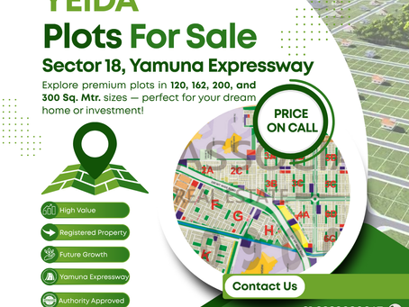 Image showing YEIDA plots for sale in Sector 18, Yamuna Expressway promoted by Shiva Associates, a trusted Yamuna Expressway Property Dealer, with plot sizes 120, 162, 200, and 300 sq. mtr., price on call, and key highlights like high value, registered property, future growth, and authority-approved plots.
