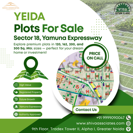Image showing YEIDA plots for sale in Sector 18, Yamuna Expressway promoted by Shiva Associates, a trusted Yamuna Expressway Property Dealer, with plot sizes 120, 162, 200, and 300 sq. mtr., price on call, and key highlights like high value, registered property, future growth, and authority-approved plots.