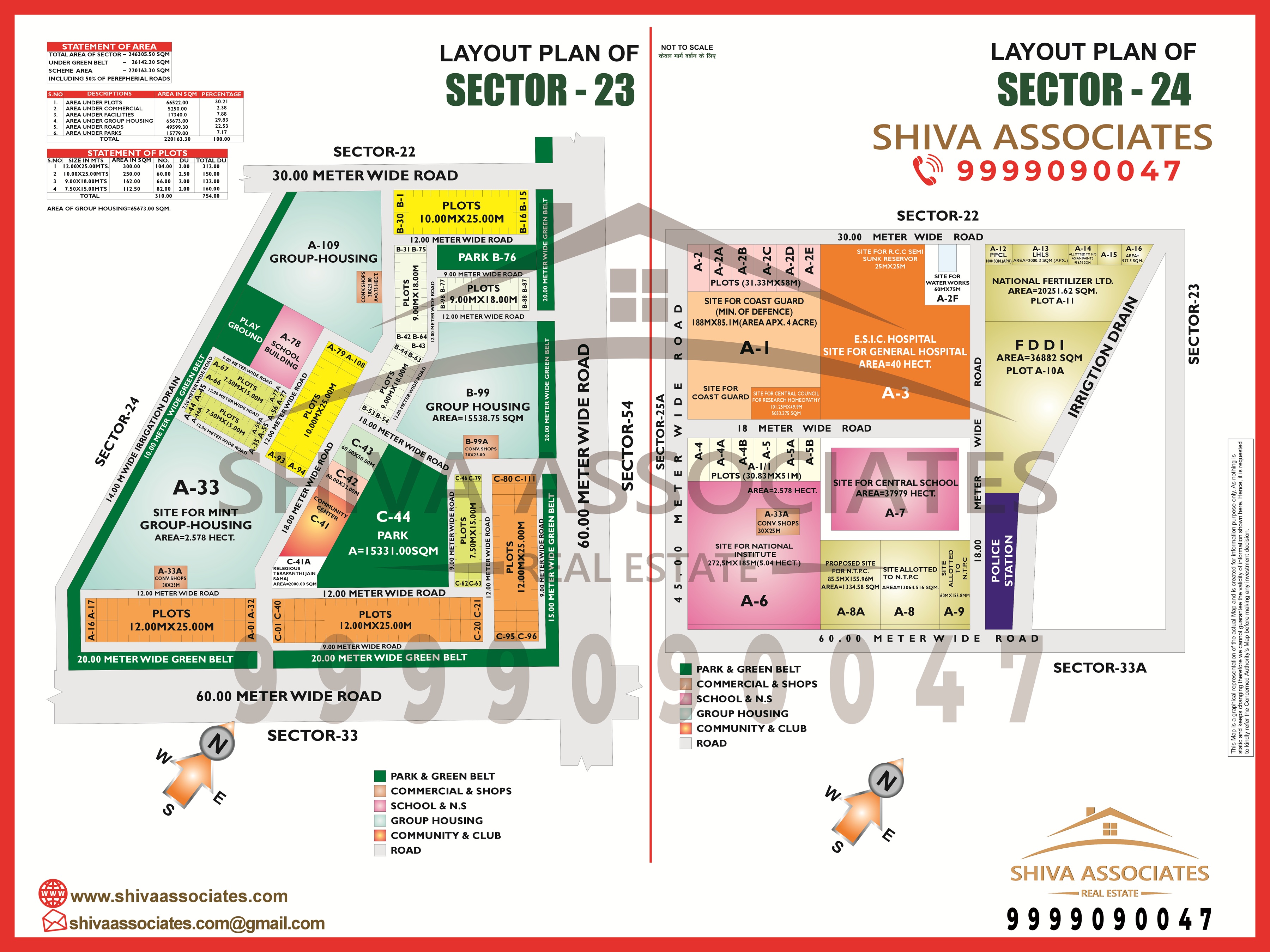Layout map of Noida Sector 24, presented by Shiva Associates, showing residential, commercial, and institutional plots.