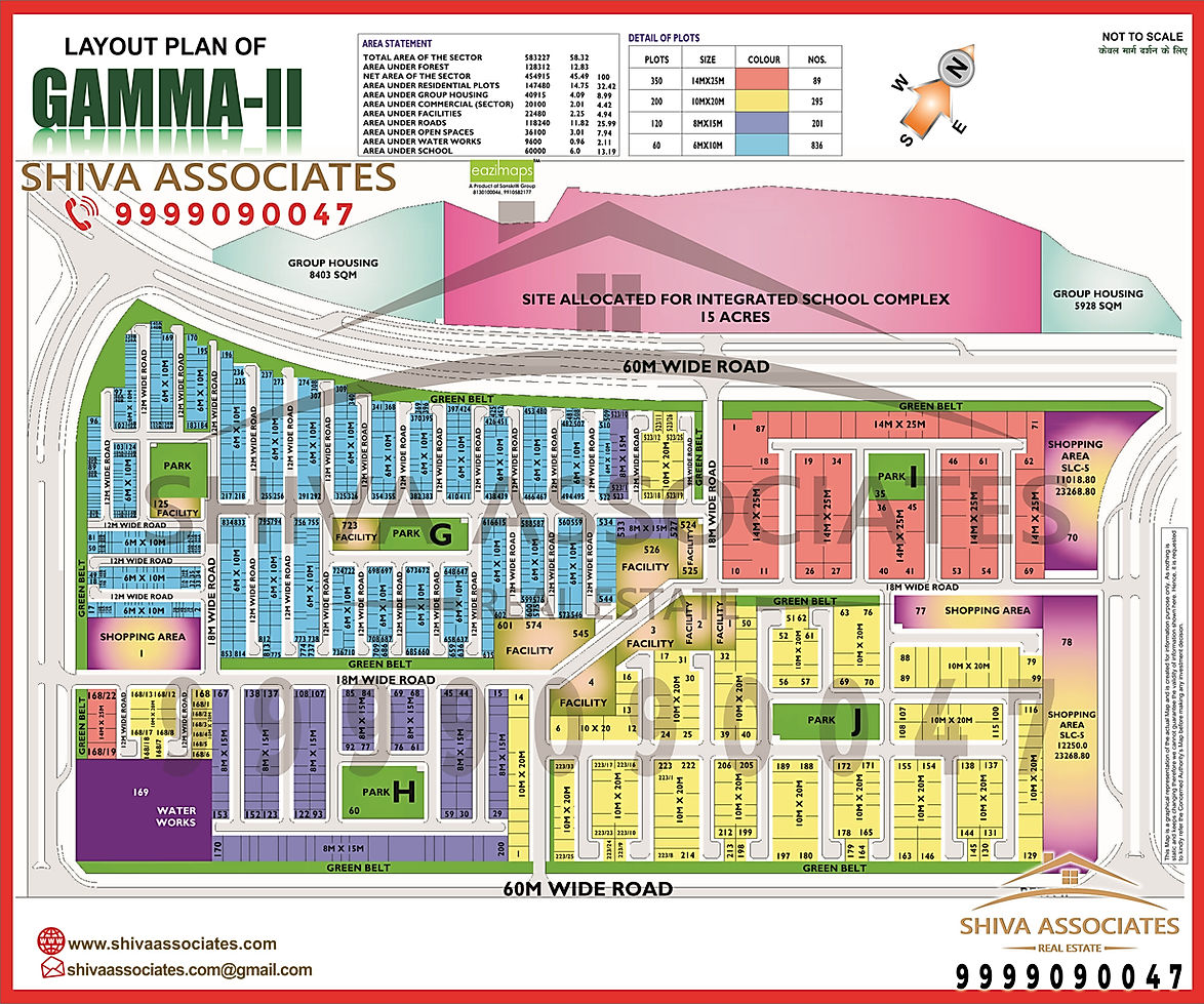 Gamma-II Greater Noida HD Layout Map by Shiva Associates | Greater Noida Property Dealer showing residential areas and amenities like schools, and markets.