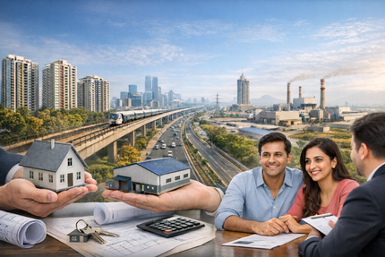 Residential and industrial real estate development in Greater Noida showing modern housing, industrial facilities, infrastructure, and property consultation