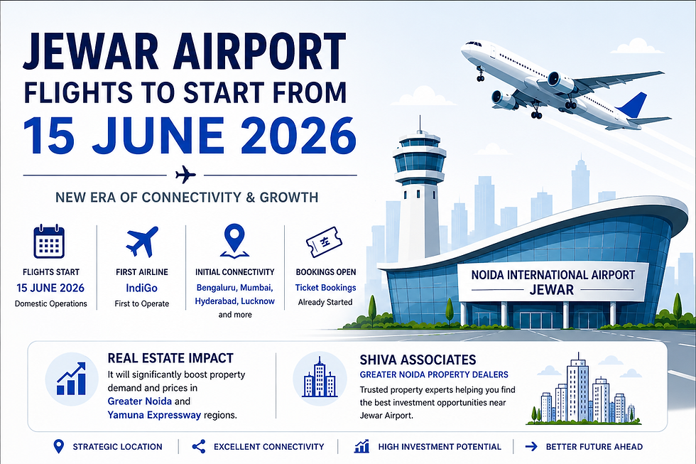 Jewar Airport flights start from 15 June 2026 with IndiGo routes and real estate impact in Greater Noida and Yamuna Expressway region.