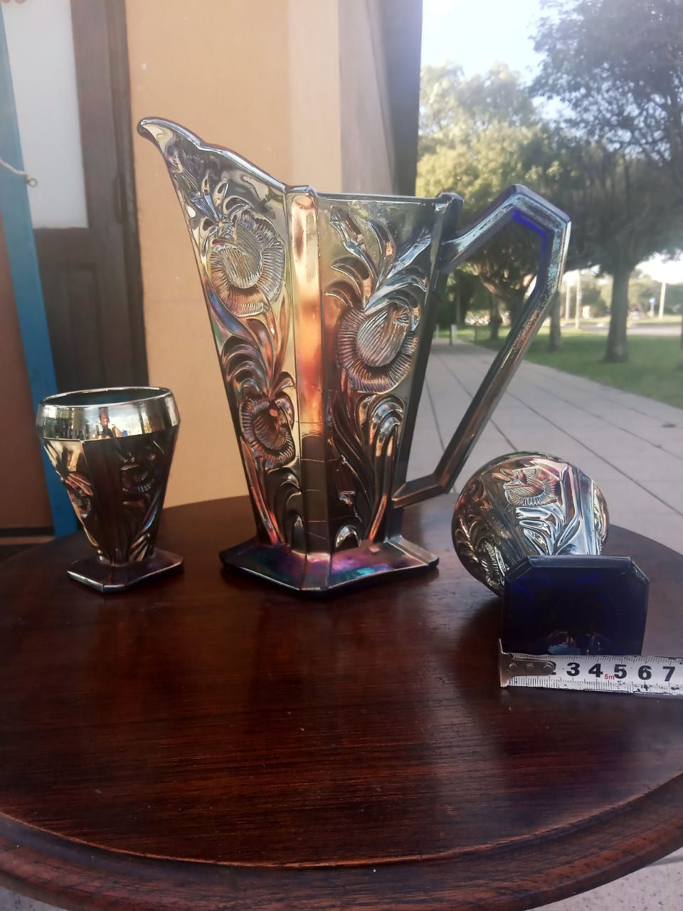 Miniatura: Antigua Jarra + 2 Vasos Carnival Glass Azul Iridiscente