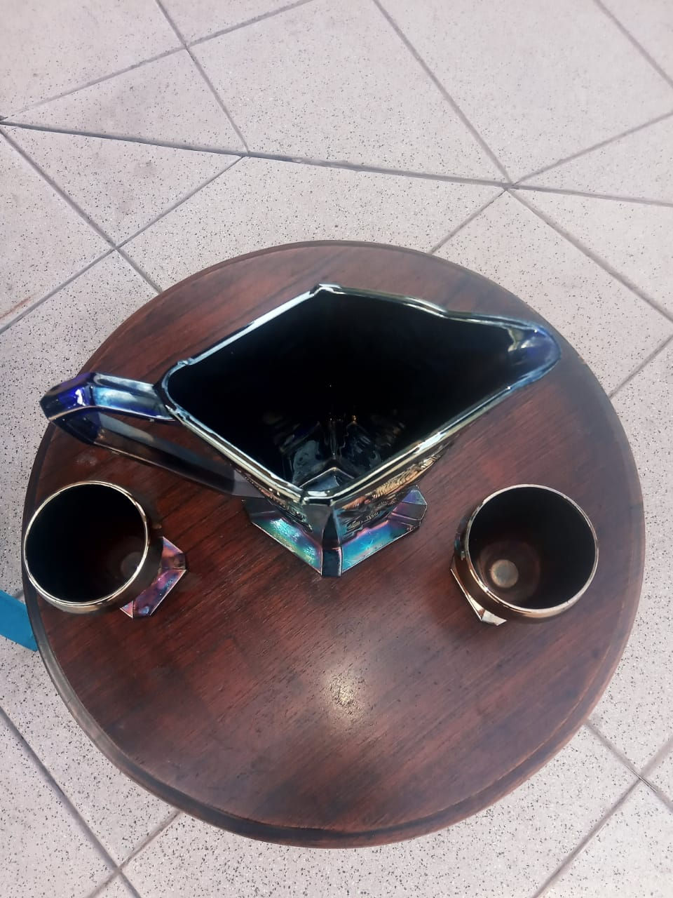 Miniatura: Antigua Jarra + 2 Vasos Carnival Glass Azul Iridiscente