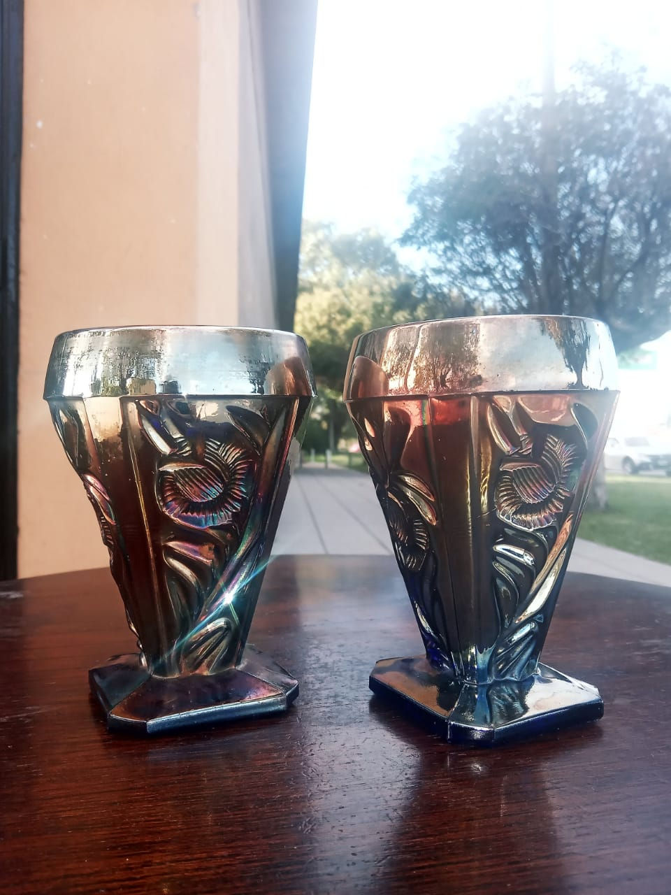 Miniatura: Antigua Jarra + 2 Vasos Carnival Glass Azul Iridiscente