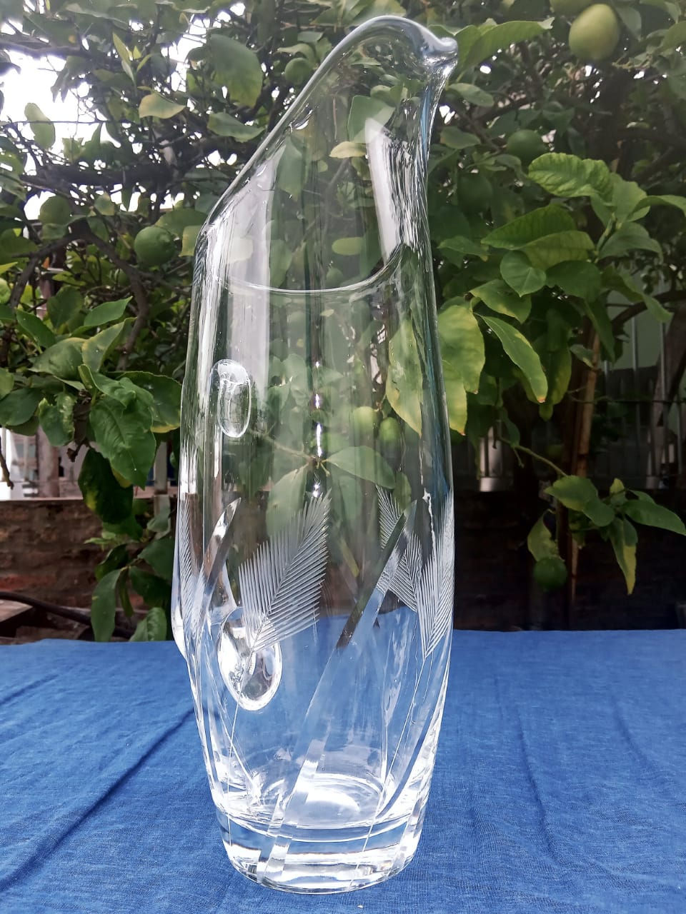 Miniatura: Antigua Jarra De Cristal Labrado Con Pico Vertedor 30cm Alto