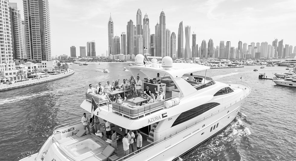Firefly_luxury yacht tour with and cocktails dubai marina skyline in the back, daytime, s