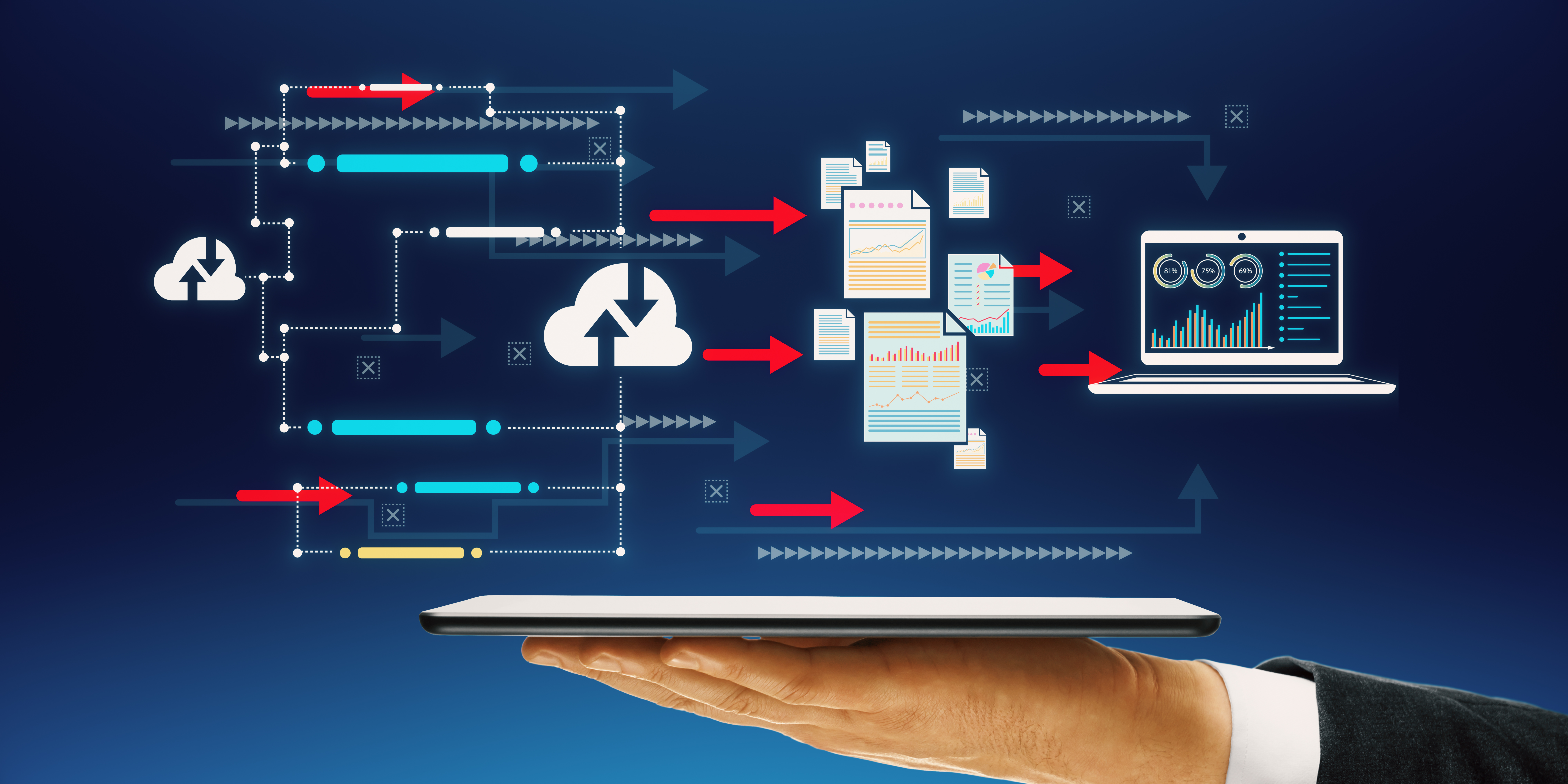 A hand holds a tablet displaying a digital flowchart with cloud icons, documents, and a laptop. Red arrows indicate data transfer, on a dark blue background.