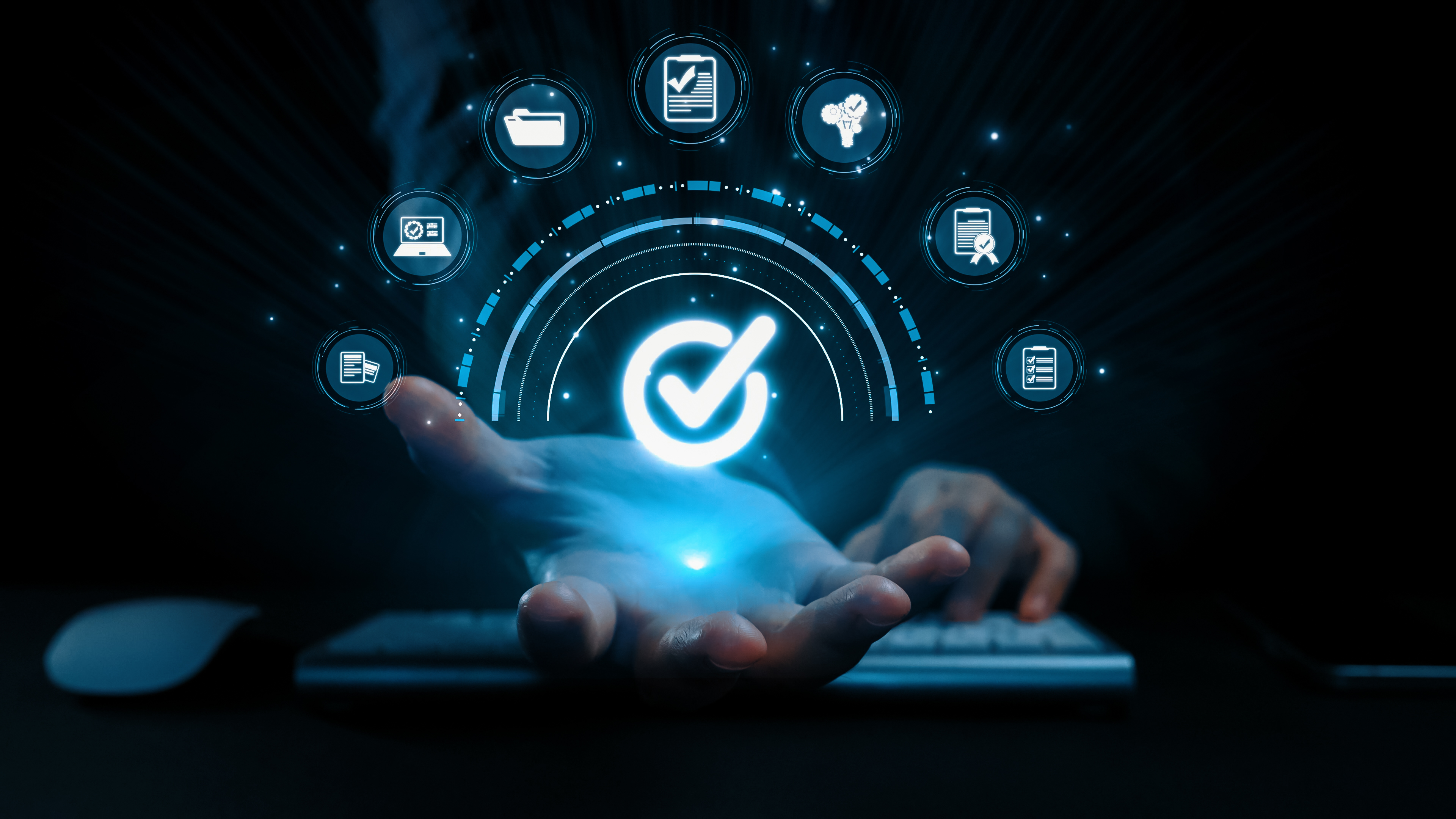 Hand holding digital checkmark symbol with technology icons, representing ConvergeStack’s success in IT Staff Augmentation vs Outsourcing for global IT excellence.