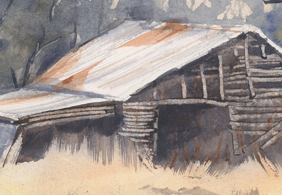 Charming run down barn surrounded by trees with a hill in the background and soft grasses in the foreground.