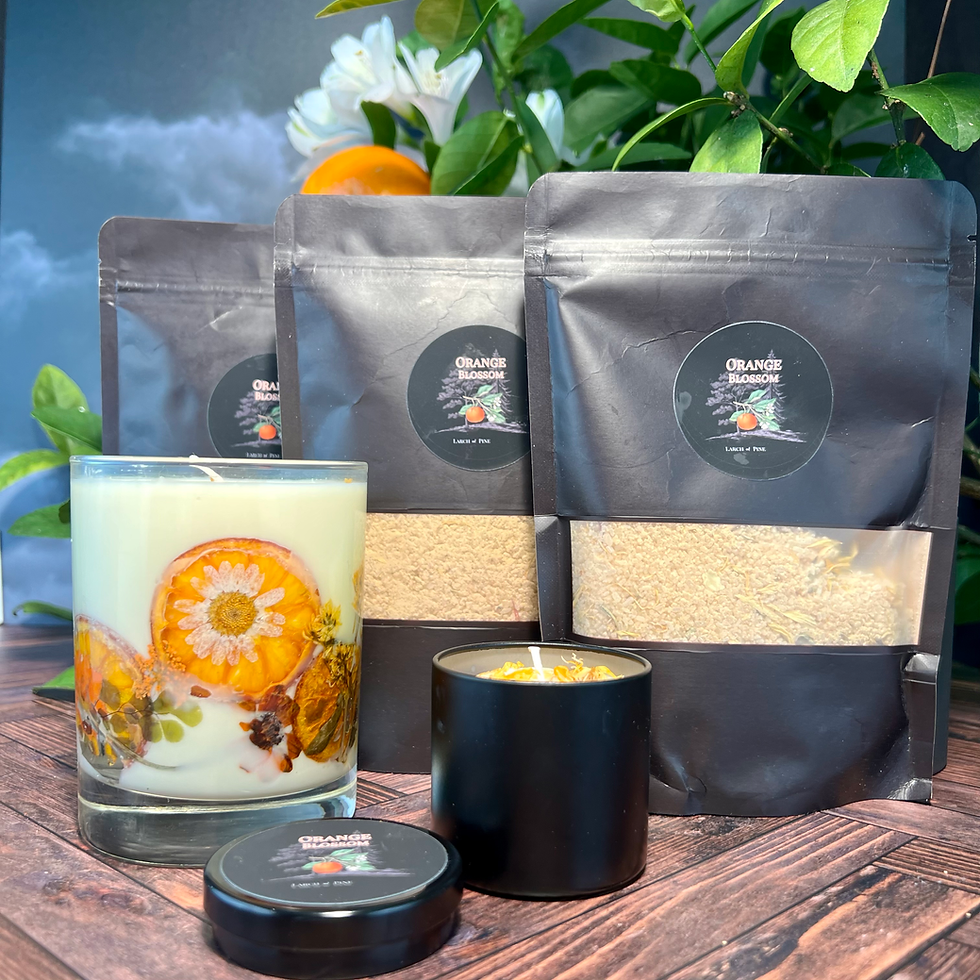 Elevate your self-care routine with the Orange Blossom Ritual Bath Set, designed to bring calm and inner strength. This luxurious set includes the signature Orange Blossom Artisan Candle, hand-poured with 100% soy wax and adorned with dried mandarin and kumquat slices. You'll also receive three packages of Orange Blossom Bath Salts, infused with essential oils and natural botanicals to relax the body and refresh the senses. Complete your ritual with a travel-sized candle, delicately charged with 174 Hz for calm and 417 Hz to foster inner strength. A perfect blend of tranquility and empowerment.
