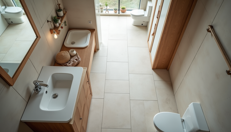 High angle view of a partially renovated bathroom showing new tiles and installed vanity