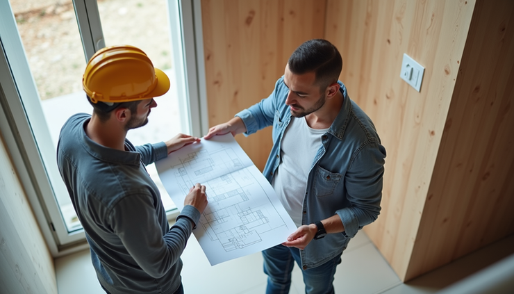 High angle view of a contractor discussing bathroom renovation plans with a homeowner