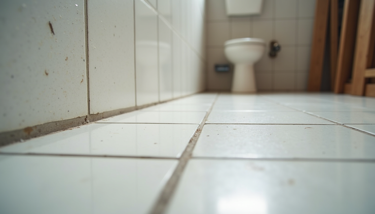 Close-up of hands installing bathroom tiles on the floor