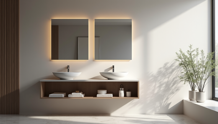 Eye-level view of a modern bathroom vanity with new fixtures