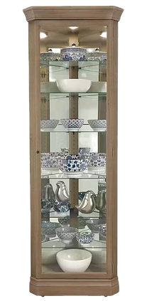 tall corner curio in a light grey finish