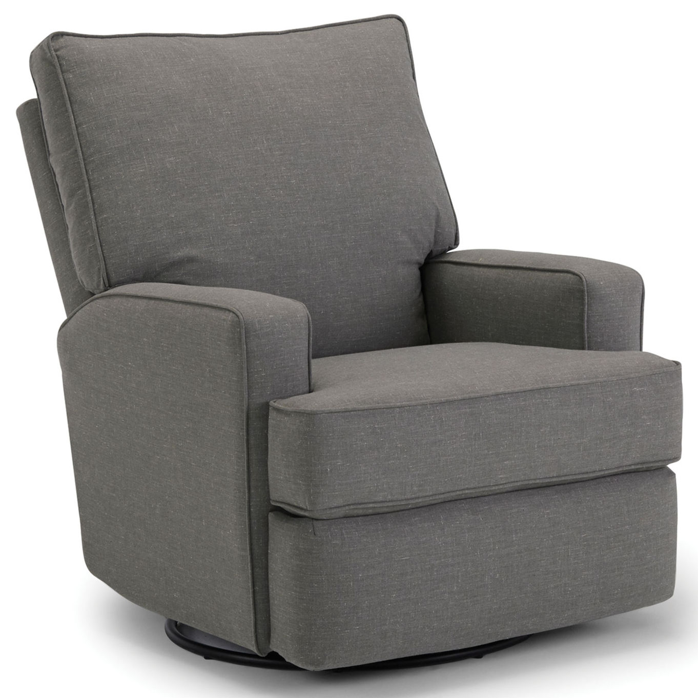 square back pillow cushion swivel recliner with square arms in a dark grey fabric at a 30 degree angle