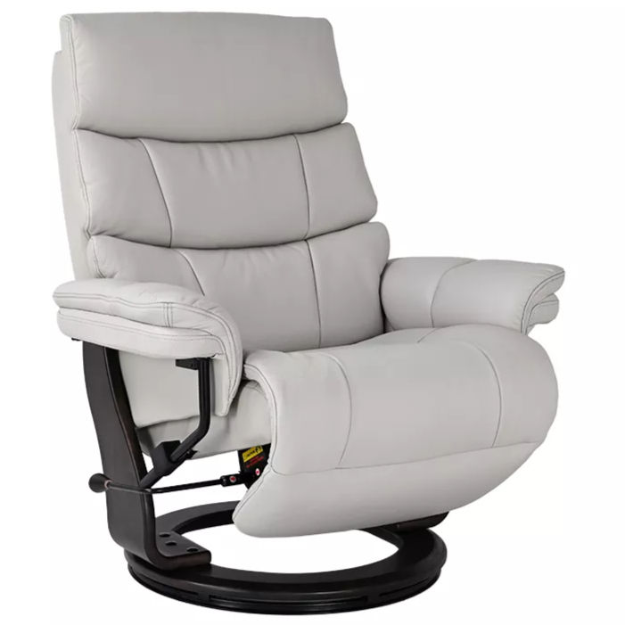 light grey leather recliner with flip up footrest