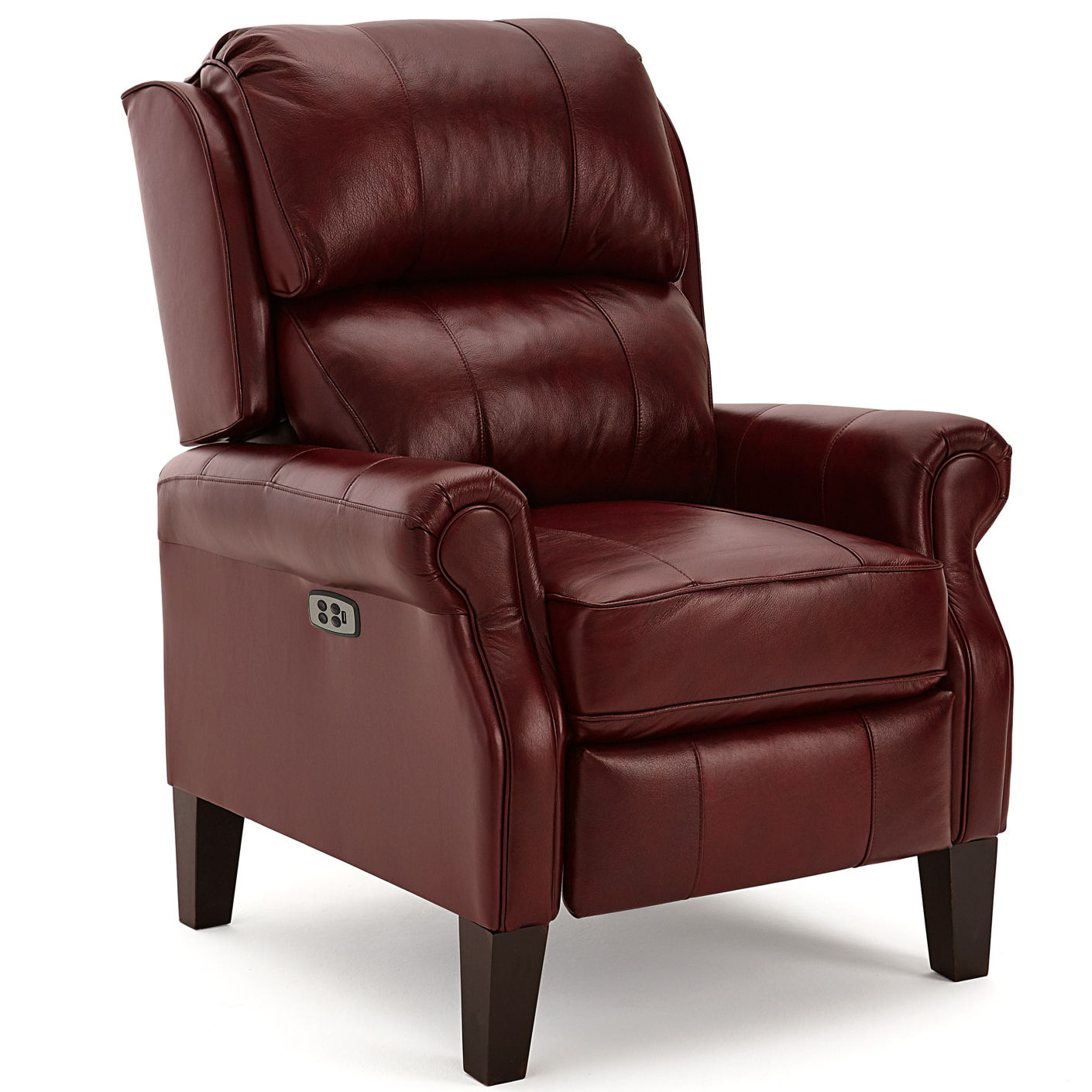 side view of a transitional high leg power recliner in a burgundy leather