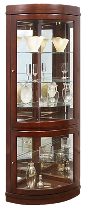 tall cherry finished corner curio cabinet with a curved glass front