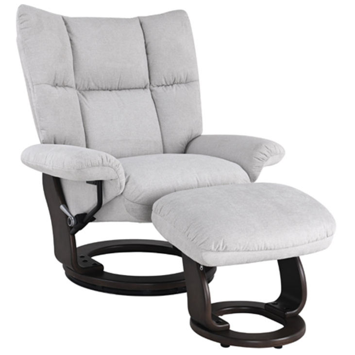 light grey fabric modern recliner with ottoman at a 50 degree angle