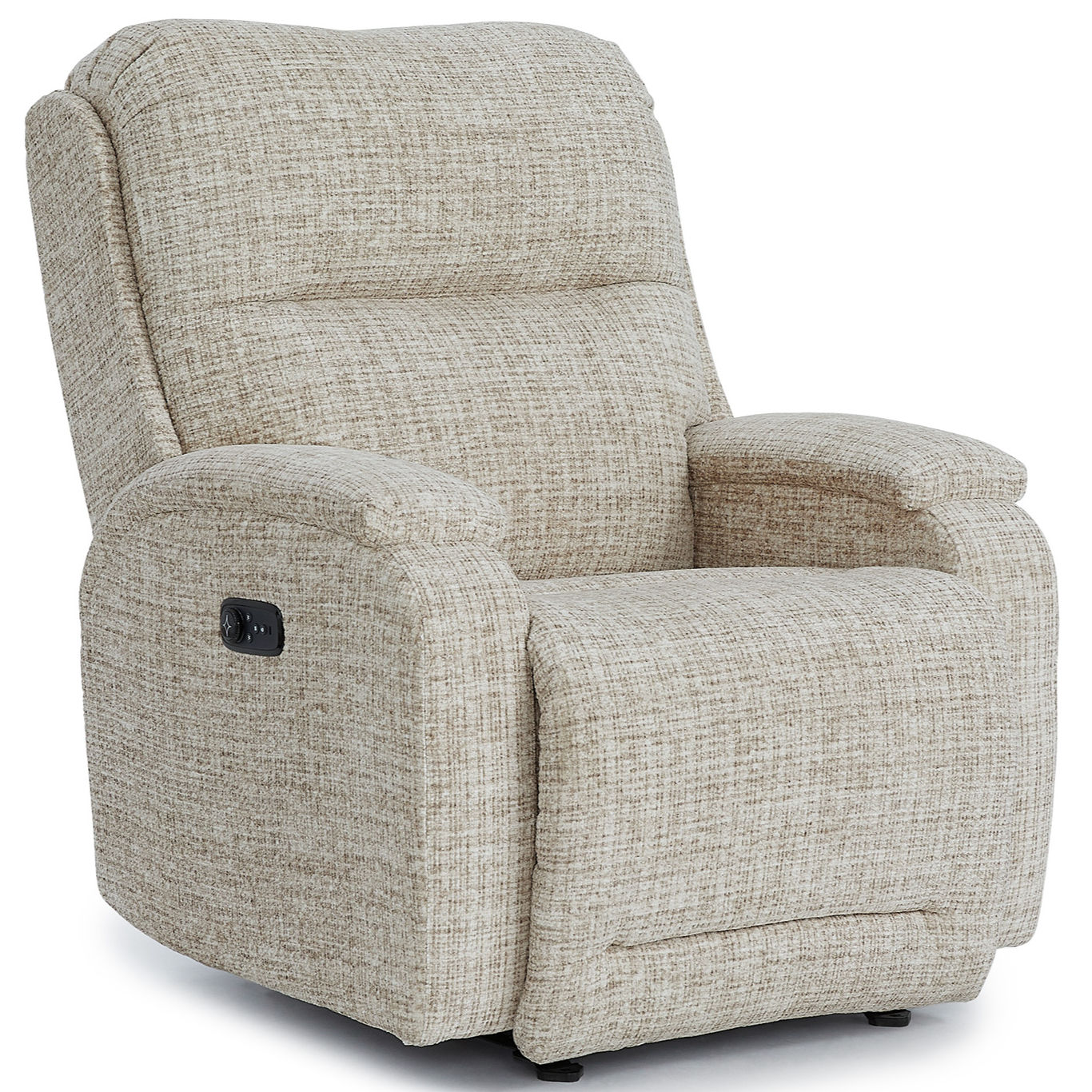 curved arm swivel glider recliner with a tight back in a light tan fabric at a 30 degree angle