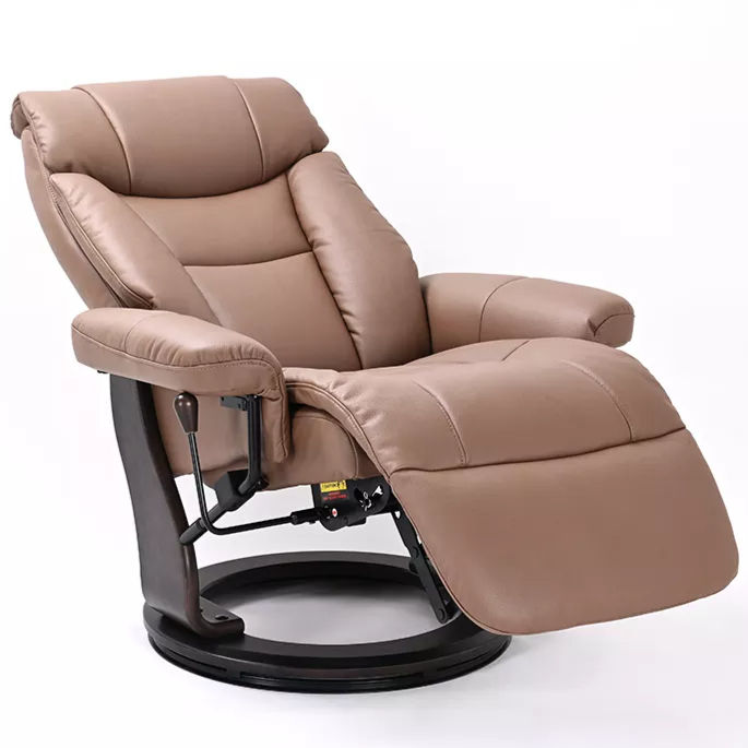 Thumbnail: modern recliner at a 45 degree angle partially reclined in a camel brown colored fabric