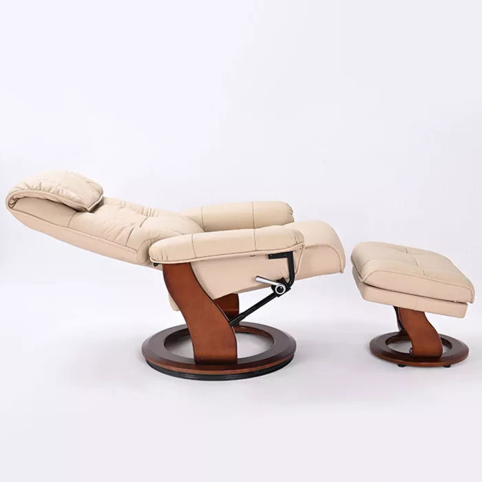 Thumbnail: side view of a contemporary recliner and ottoman in the fully reclined position made in a light cream leather