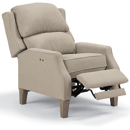partially reclined high leg power recliner in a light tan fabric
