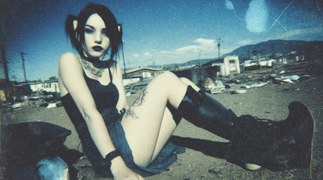 a woman in a black dress sits among debris