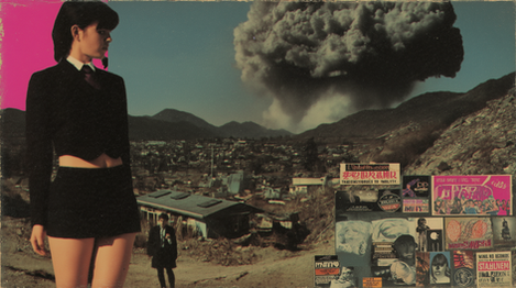 a surreal scene of a woman and an explosion