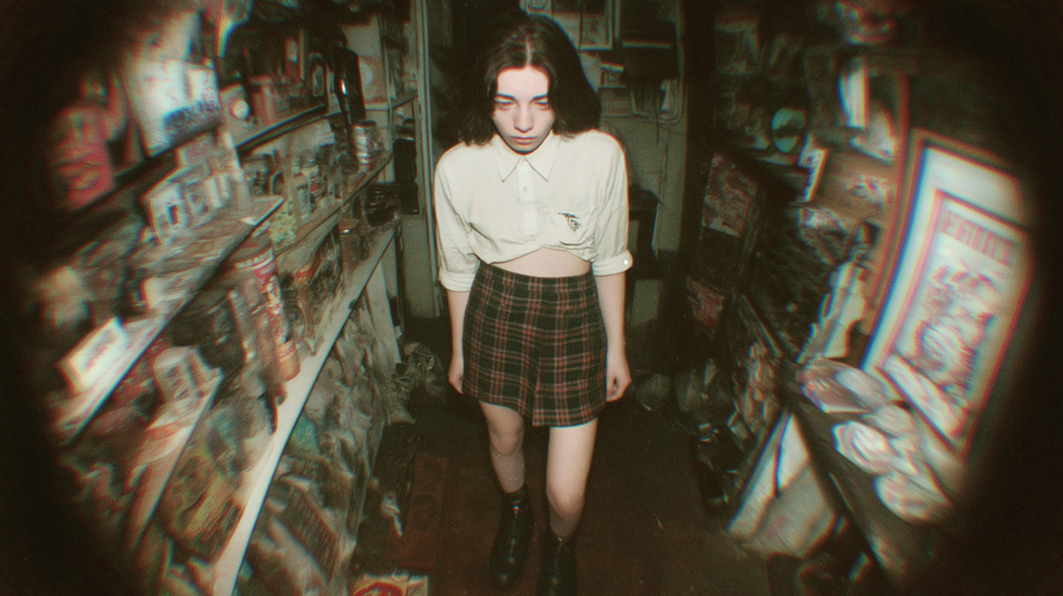 a woman in a skirt walks through a hallway