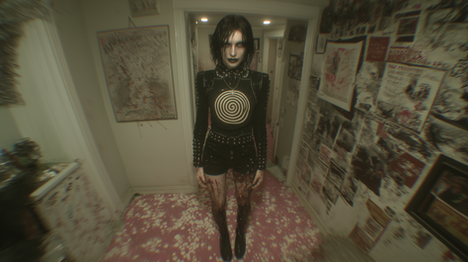 a woman with a spiral pattern on her dress