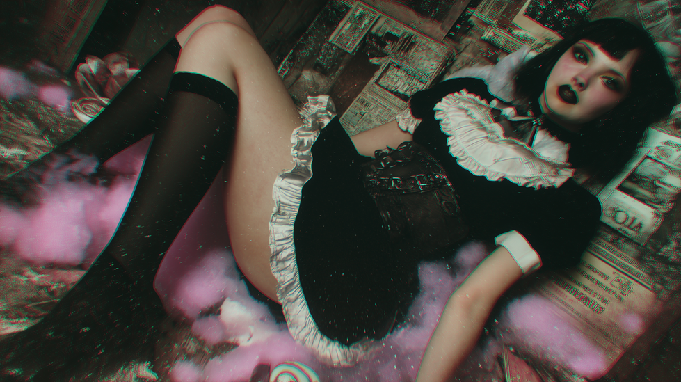 a woman in a black dress sitting in pink mist