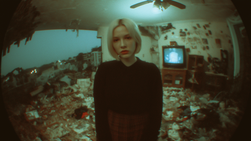 a blonde woman in a room of debris